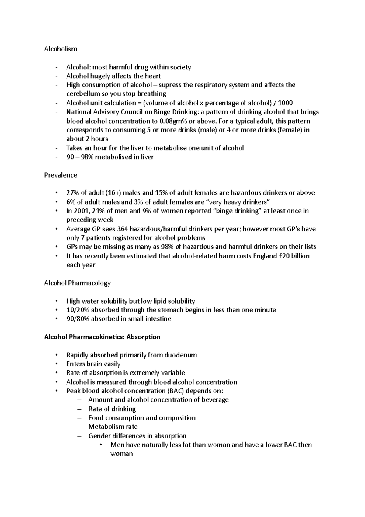 Alcoholism - Notes - Alcoholism Alcohol: most harmful drug within ...