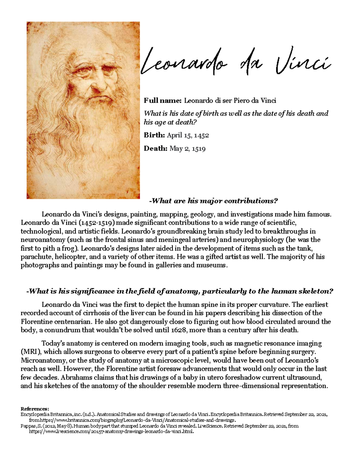 Leonardo Da Vinci overview questions - Full name: Leonardo di ser Piero ...