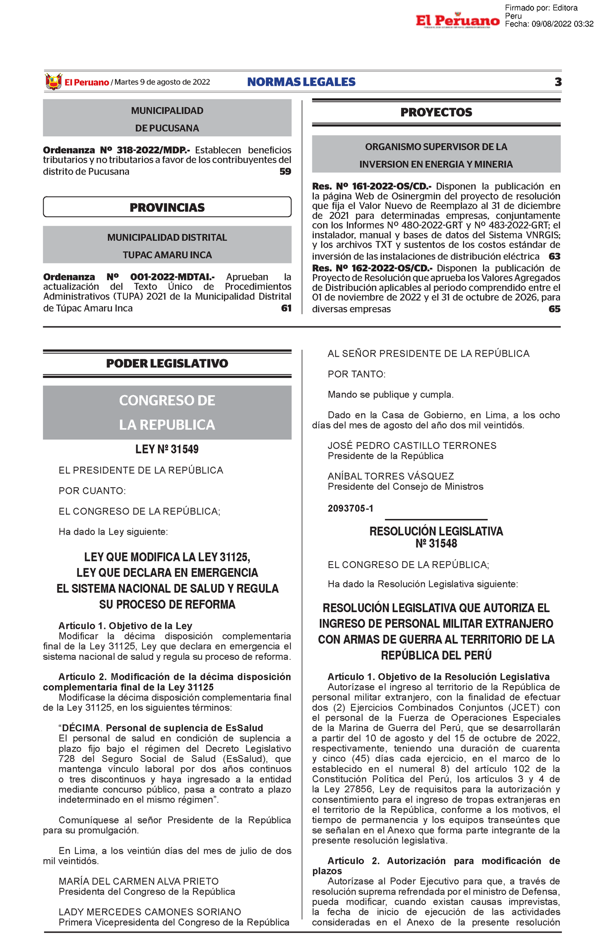 Ley Que Modifica La Ley 31125 Ley Que Declara En Emergencia Ley N 31549 ...