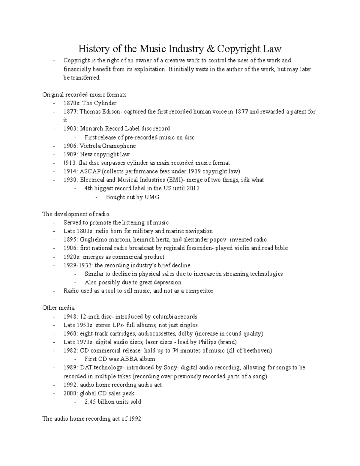 History of Copyright notes History of the Music Industry