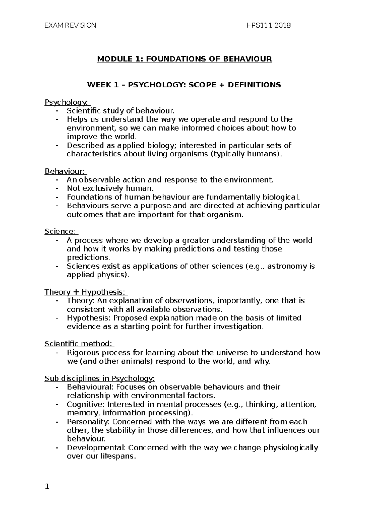 HPS111 Exam Notes - MODULE 1: FOUNDATIONS OF BEHAVIOUR WEEK 1 ...