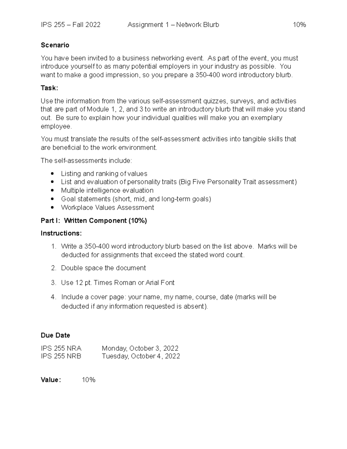 Introduction Assignment - IPS 255 – Fall 2022 Assignment 1 – Network ...