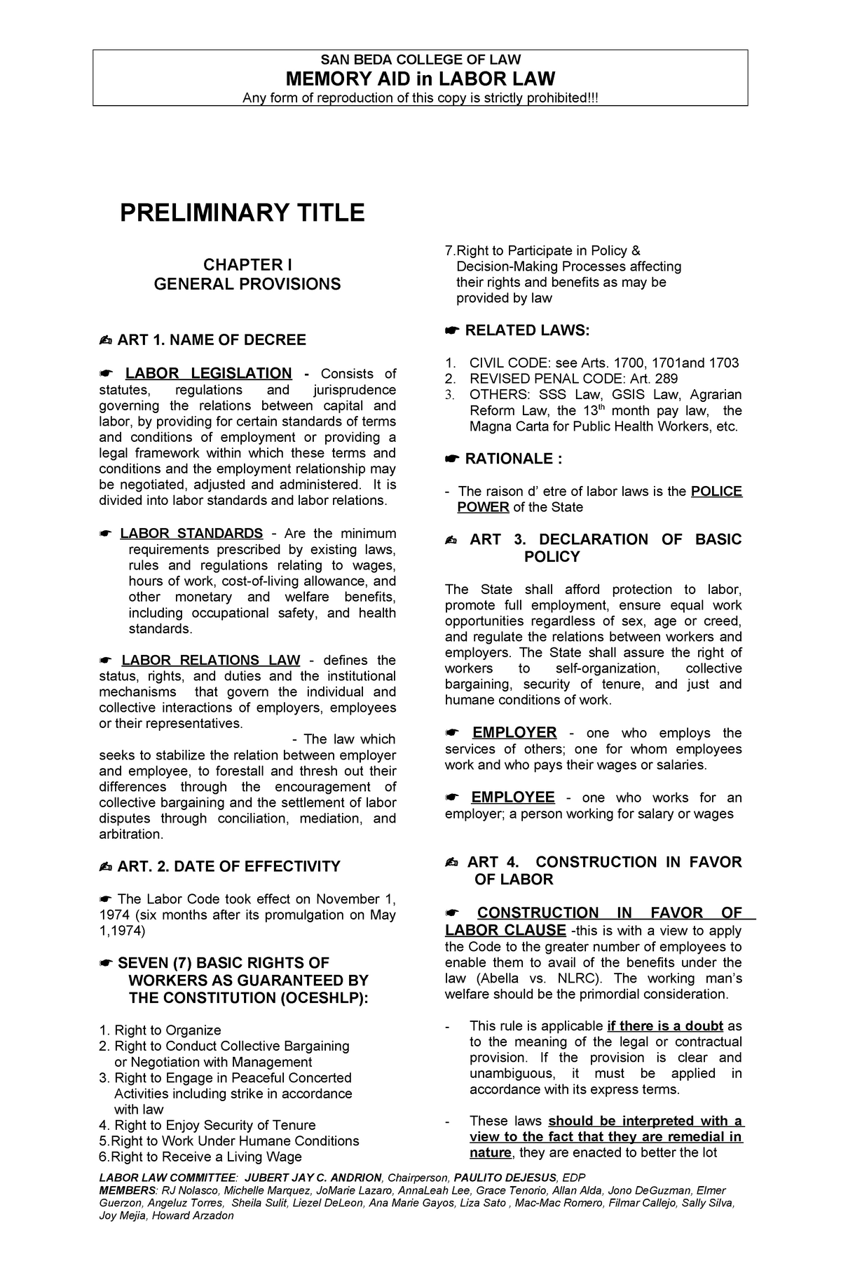 Labor Code of the Philippines Lecture Note SAN BEDA COLLEGE OF LAW