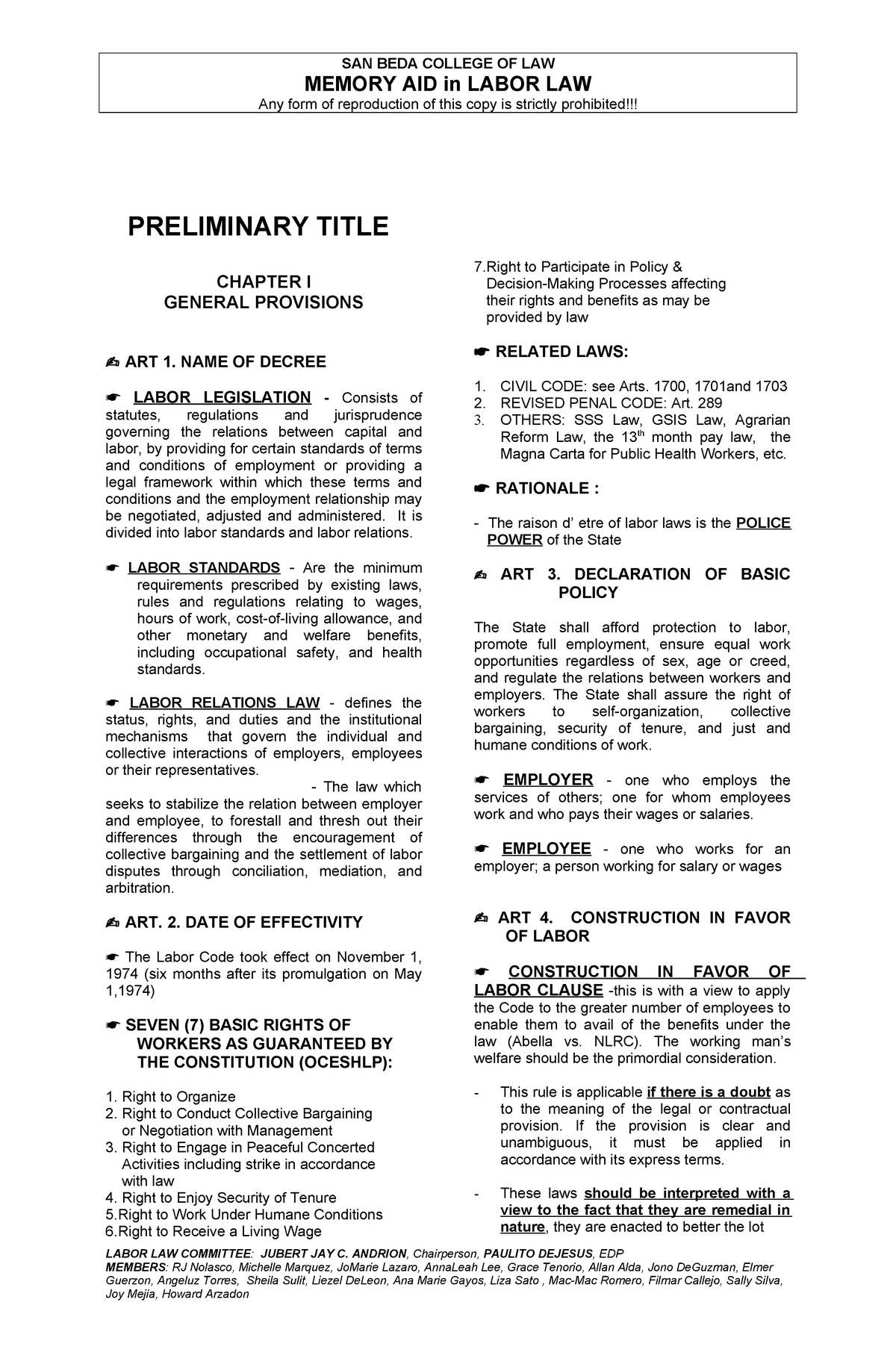 Labor Code Of The Philippines Lecture Note SAN BEDA COLLEGE OF LAW 