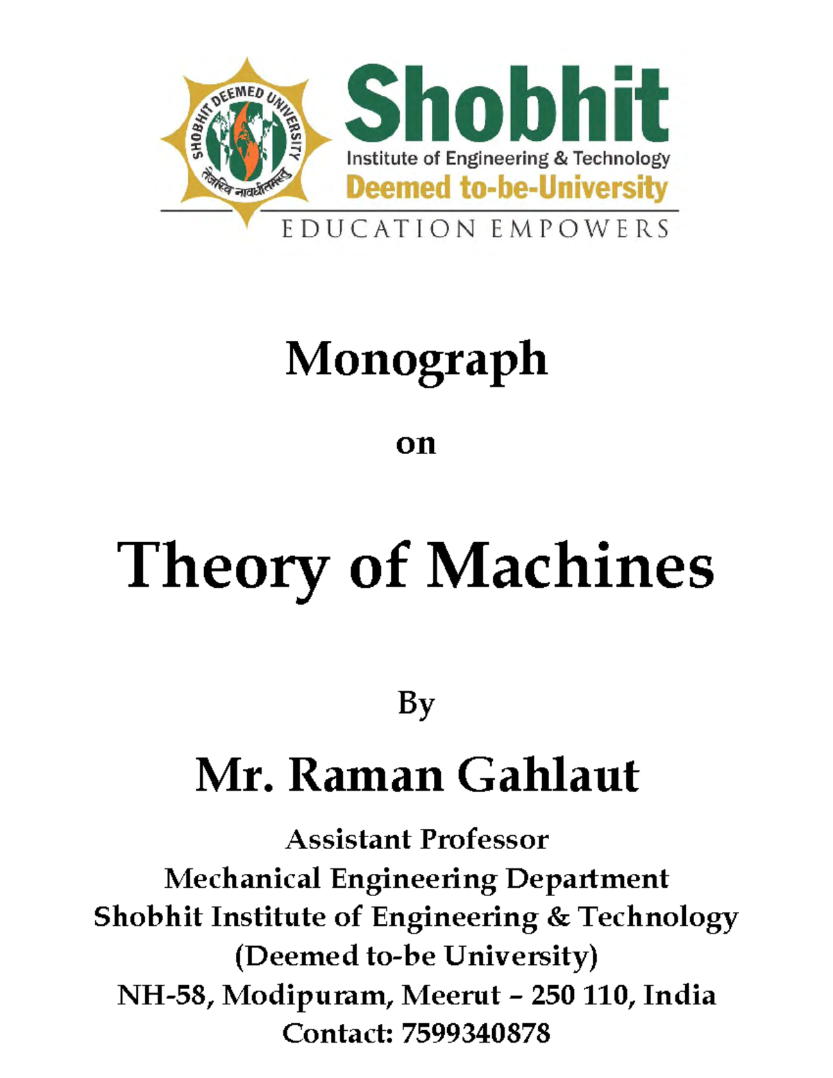 Theory of Machine Shobit UNI Monograph on Theory of Machines By Mr