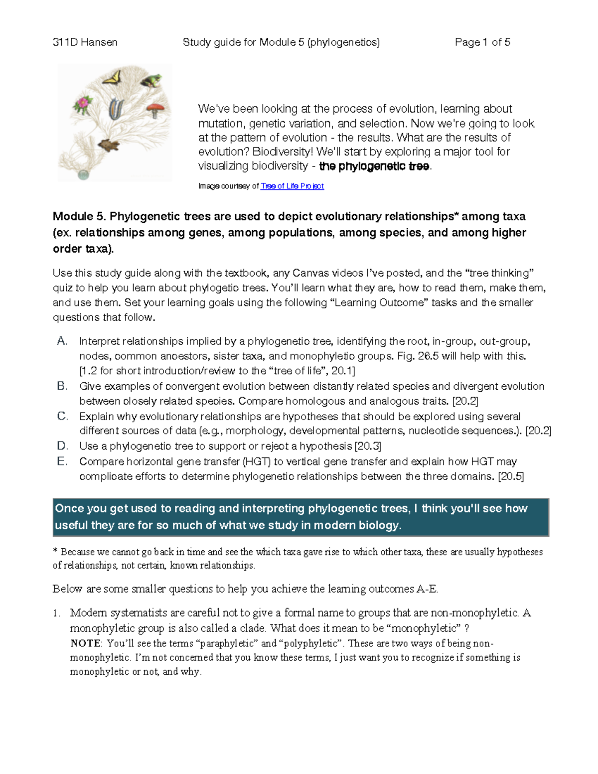 Module+5+Study+guide+Phylogenetics - We've been looking at the process ...
