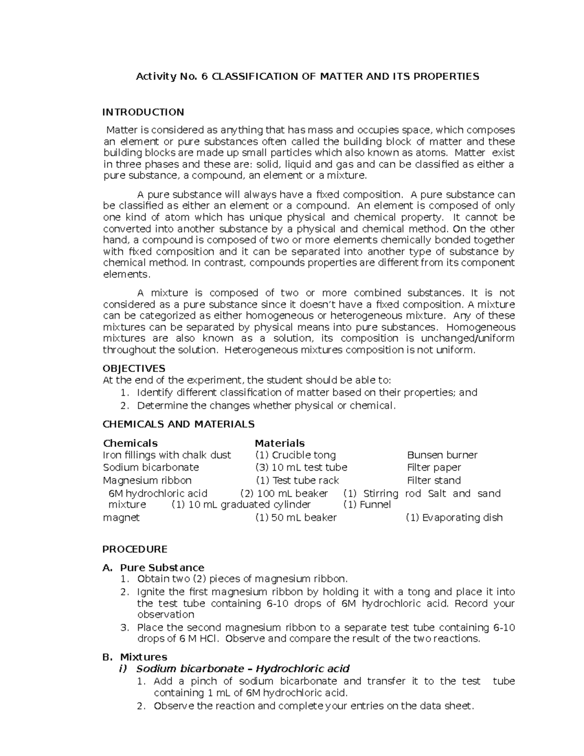6 Classification OF Matter AND ITS Properties - Activity No. 6 ...