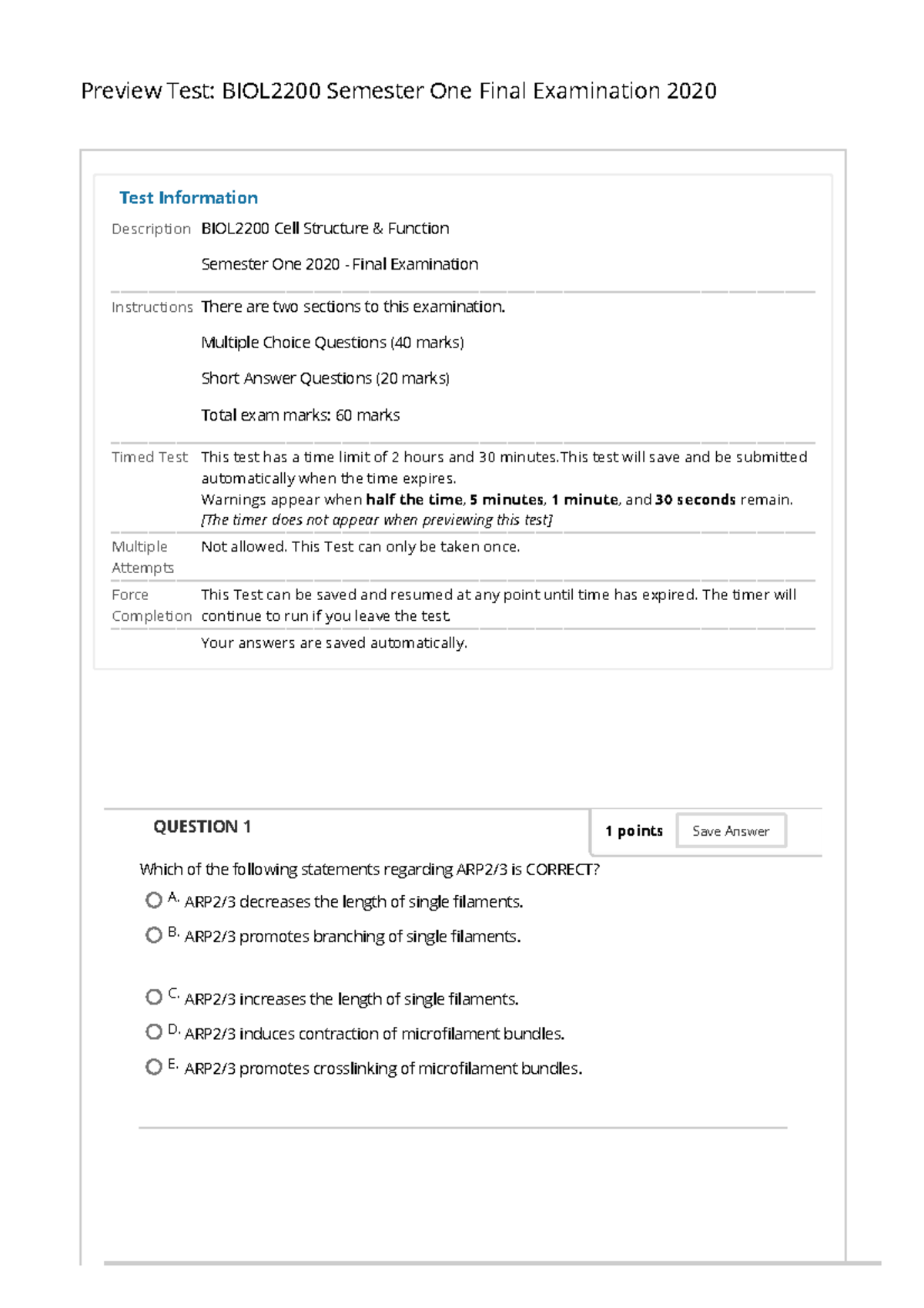 Semester One Final Examinations 2020 BIOL2200 - Preview Test: BIOL2200 ...