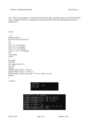 Cd 1 - Pratical - 2CEIT701: COMPILER DESIGN PRACTICAL- AIM: Understand ...