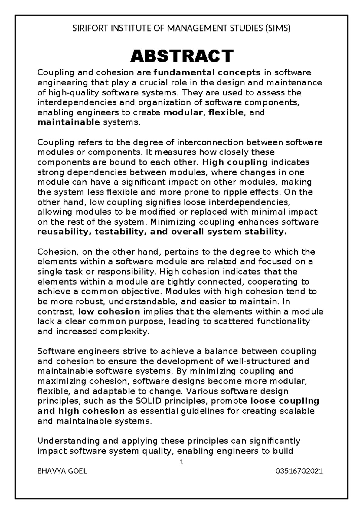 Couplinng AND Cohesion Presentation FILE ABSTRACT Coupling and