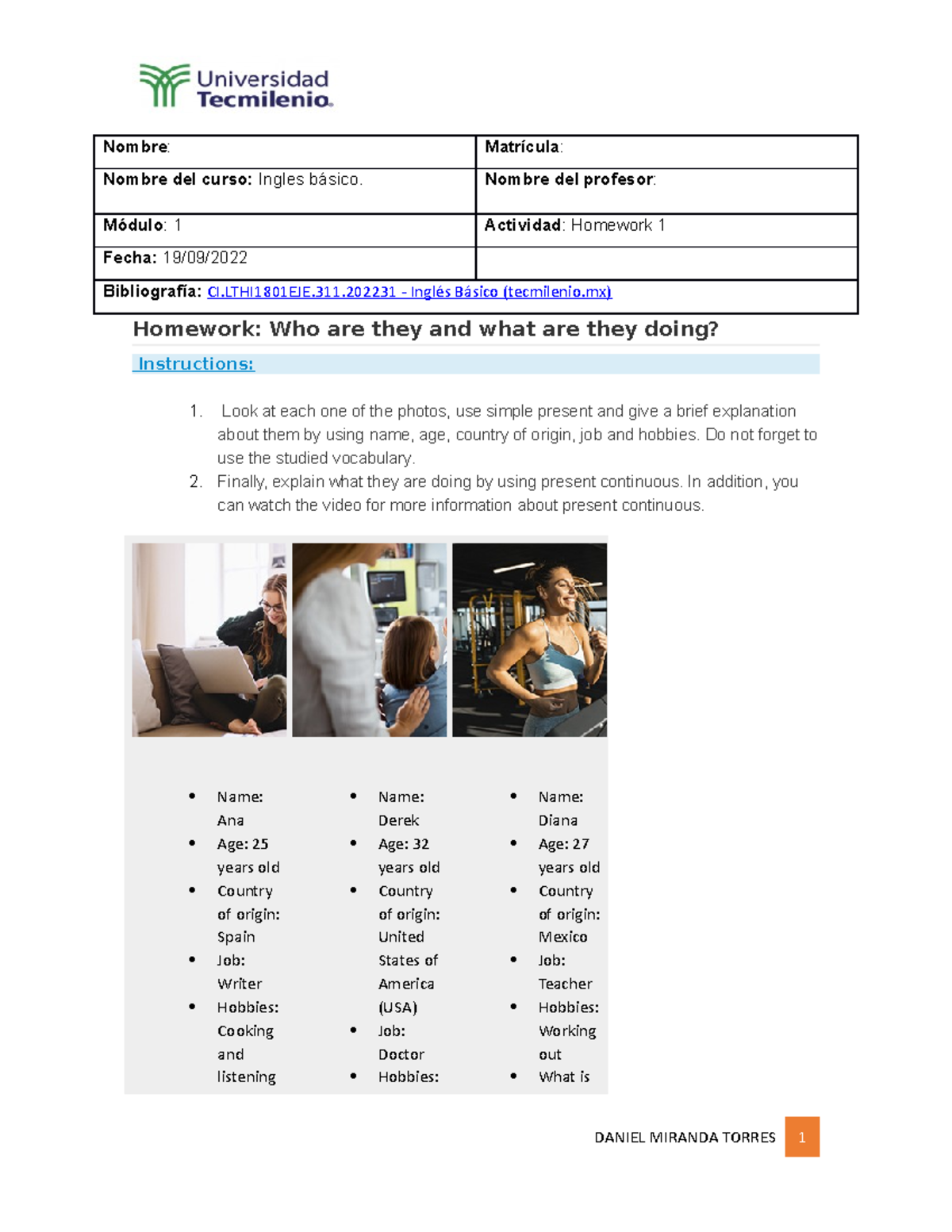 Homework 1 - TRABAJO PARA CASA DEL TEMA 1 DE INGLES BASICO - Nombre ...