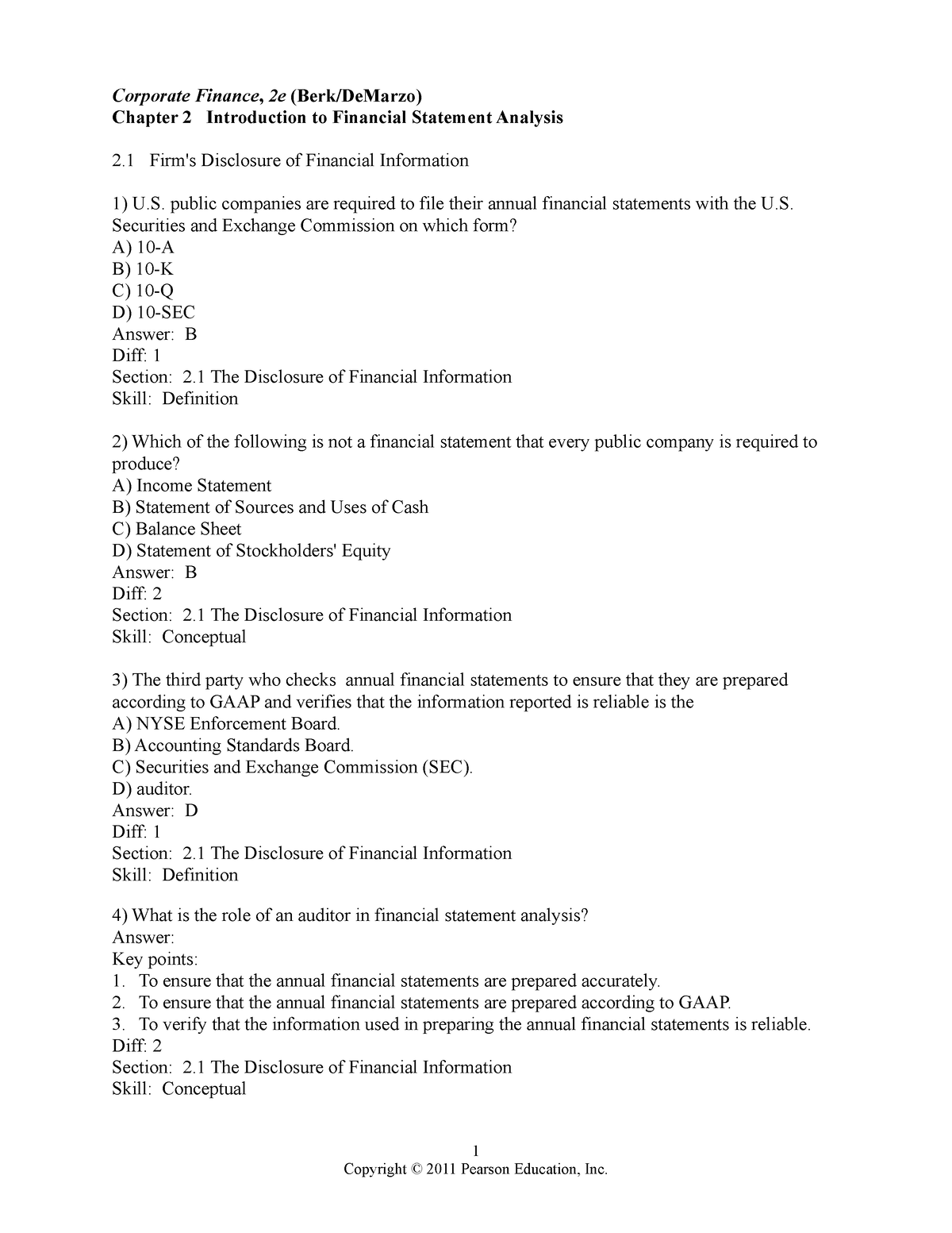 Chapter 02 - Corporate Finance, 2e (Berk/DeMarzo) Chapter 2 ...