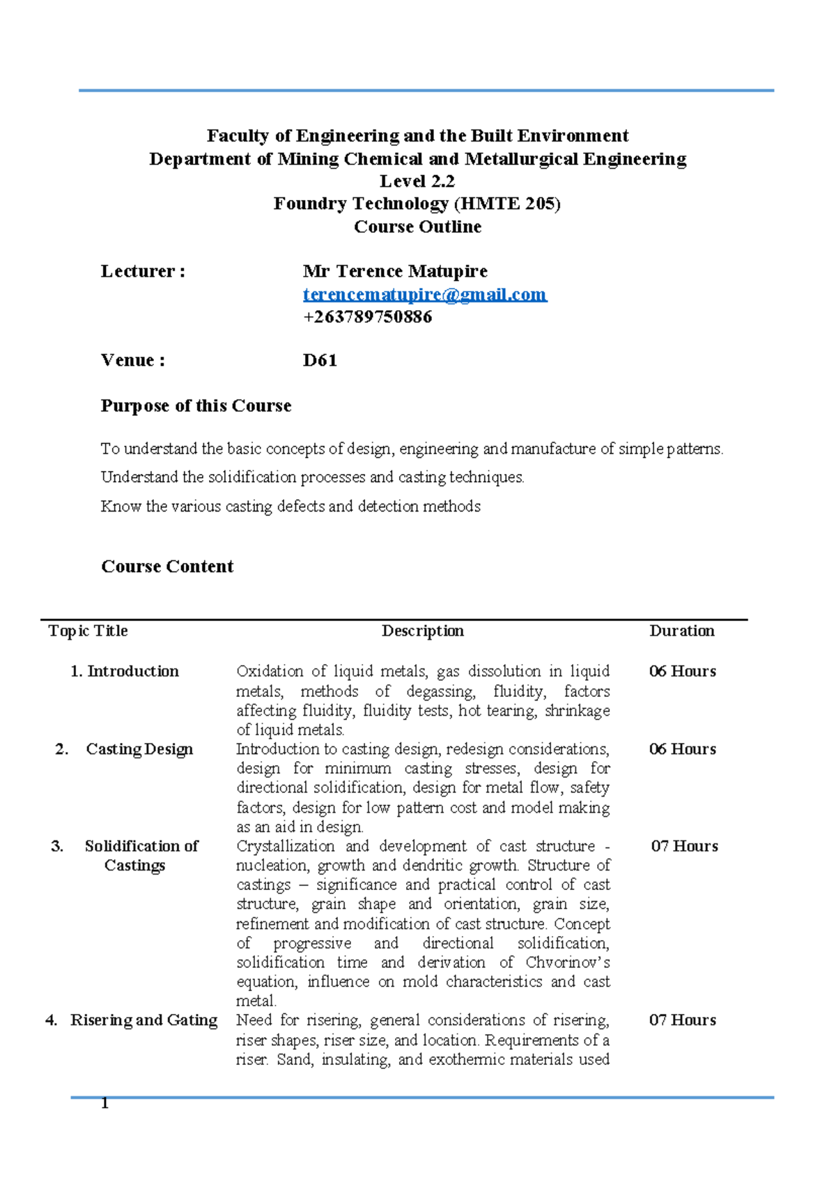HMTE 205 Course Outline - Faculty of Engineering and the Built ...