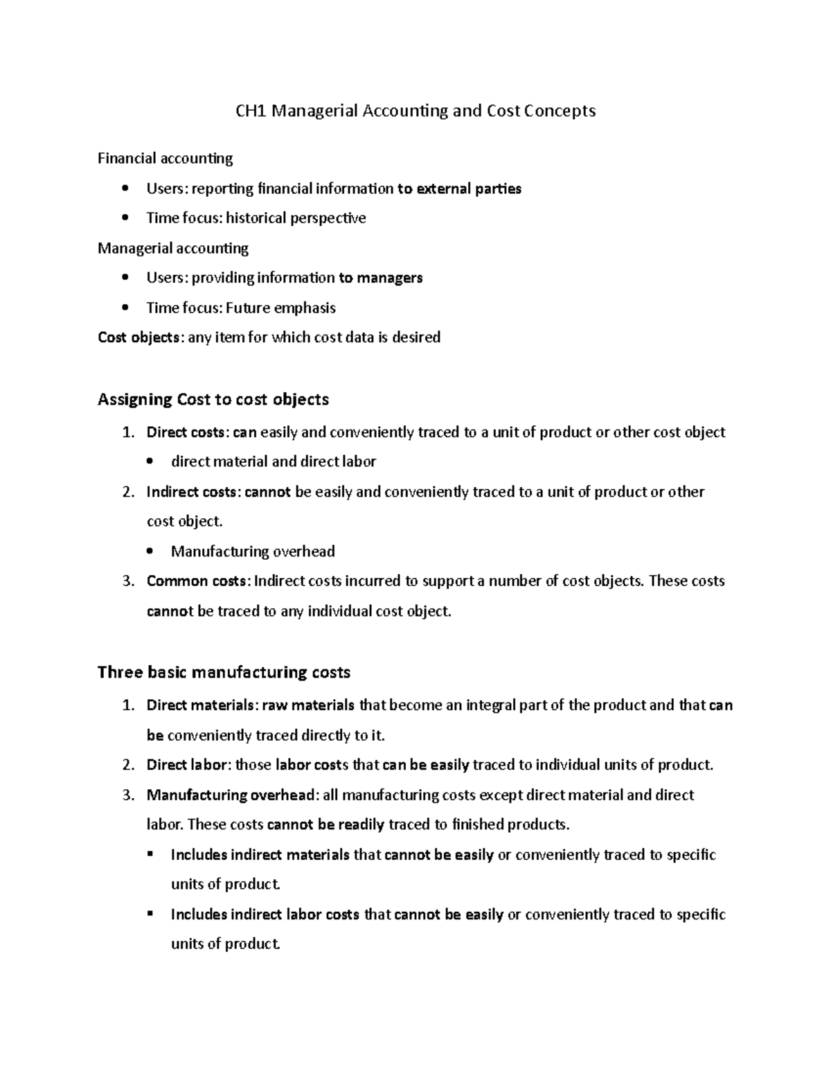 MGA202 CH1 notes - CH1 Managerial Accounting and Cost Concepts ...