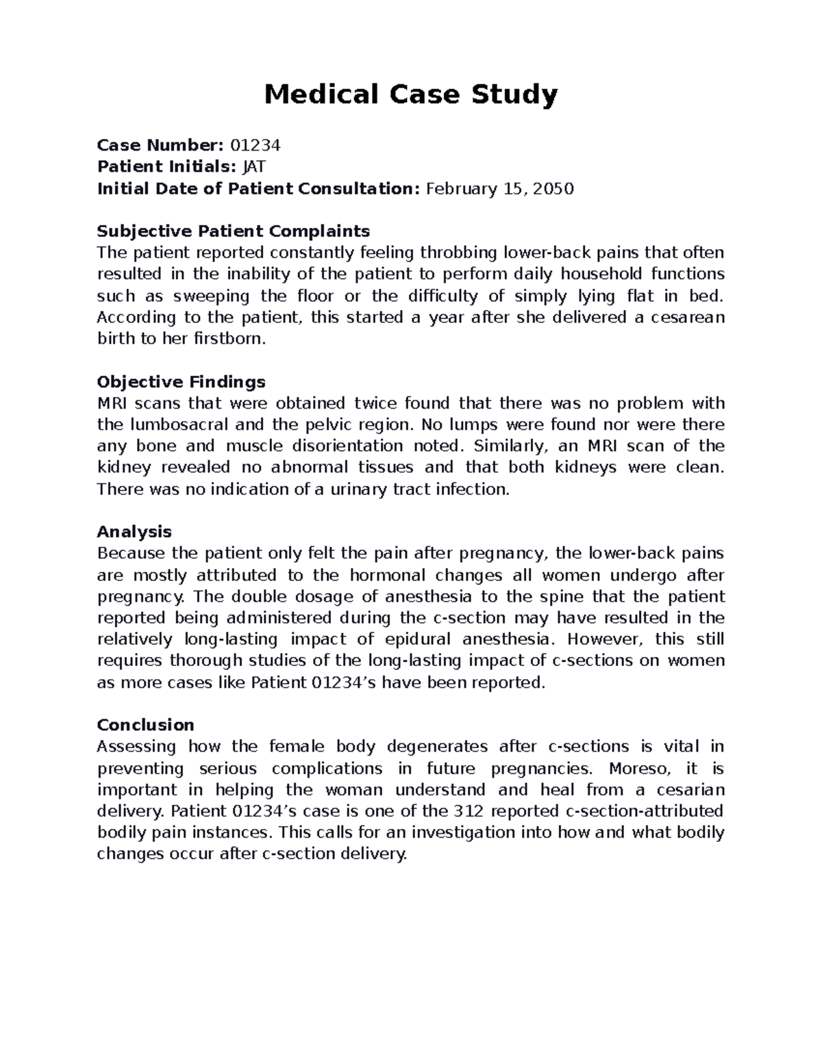 Medical Case Study Template Medical Case Study Case Number 01234 