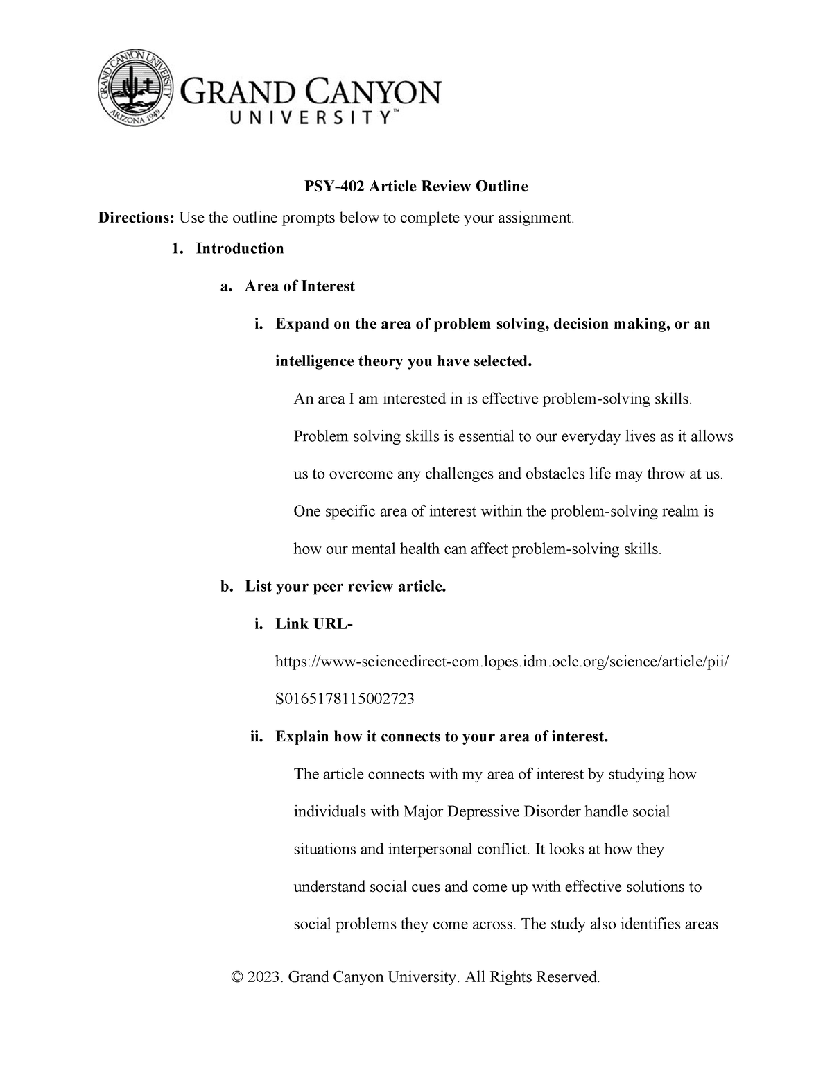 Article Review Outline - PSY-402 Article Review Outline Directions: Use ...