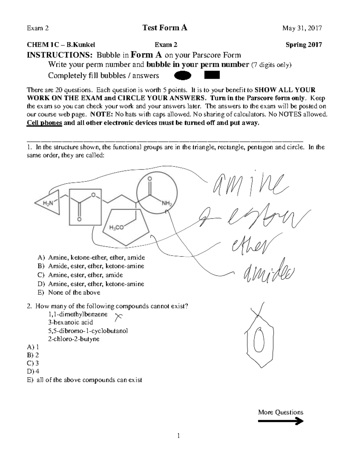 CHEM 1C Exam 2 Spring 2017 Form A Key - CHEM 1C – B Exam 2 Spring 2017 ...