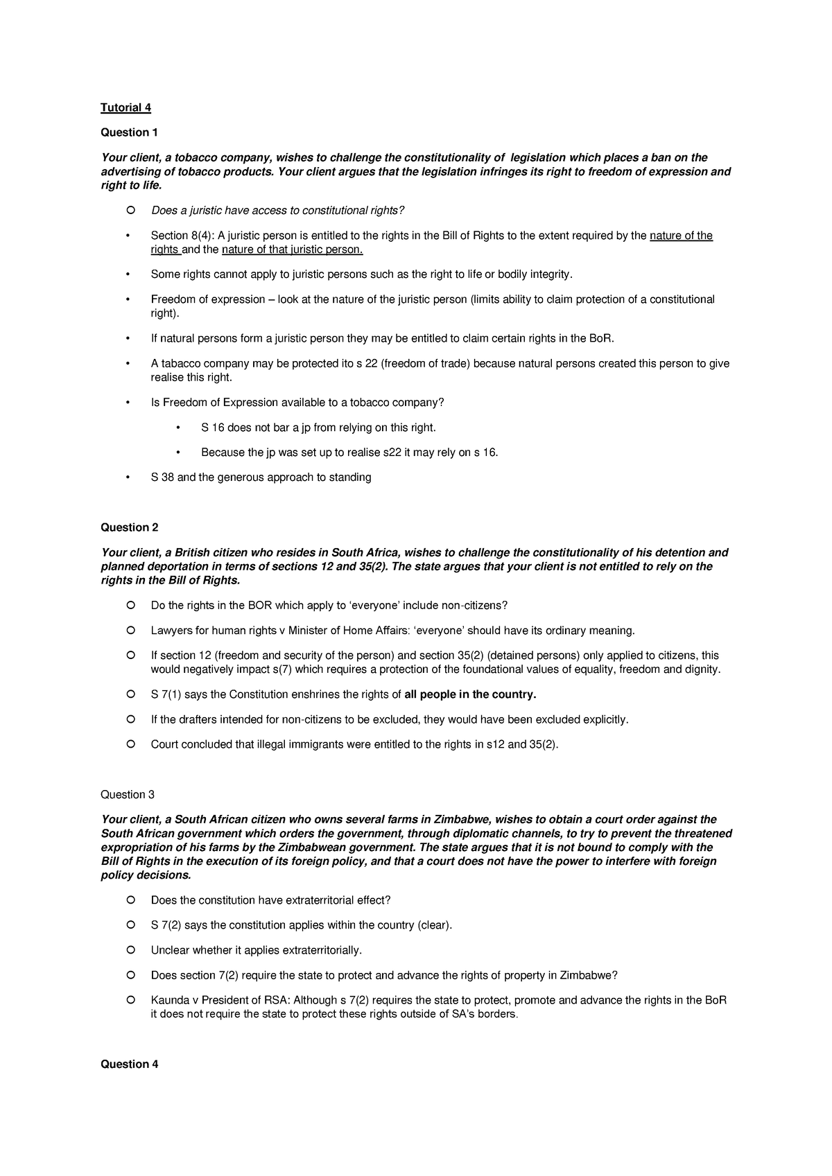 Con Law Tutorials - Semester 2 - Tutorial 4 Question 1 Your client, a ...