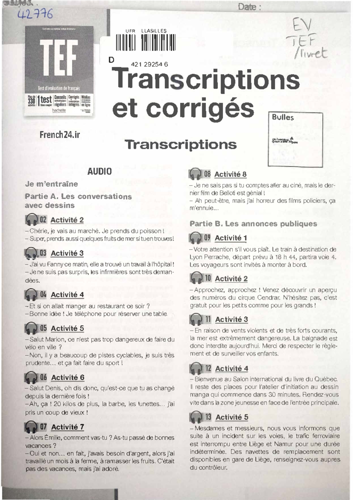 Tef New Answer - tef exam - ! l M3,. Date: D 111111rn rmr11 r 421 29254 ...
