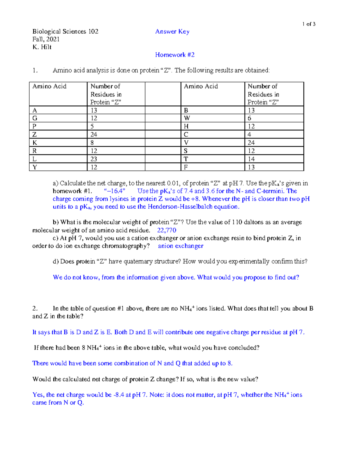 HW2 Key (Fall 2021) - 1 Of 3 Biological Sciences 102 Answer Key Fall ...