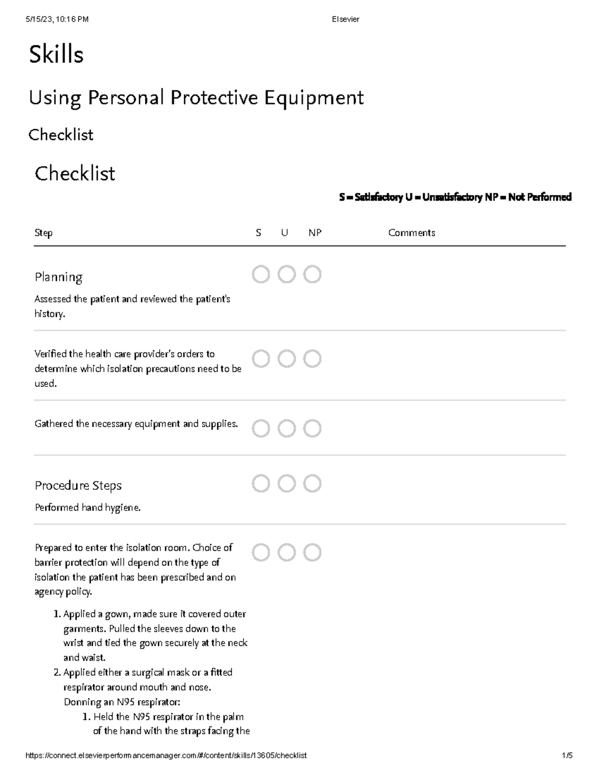 Using Personal Protective Equipment Checklist Skills Using Personal