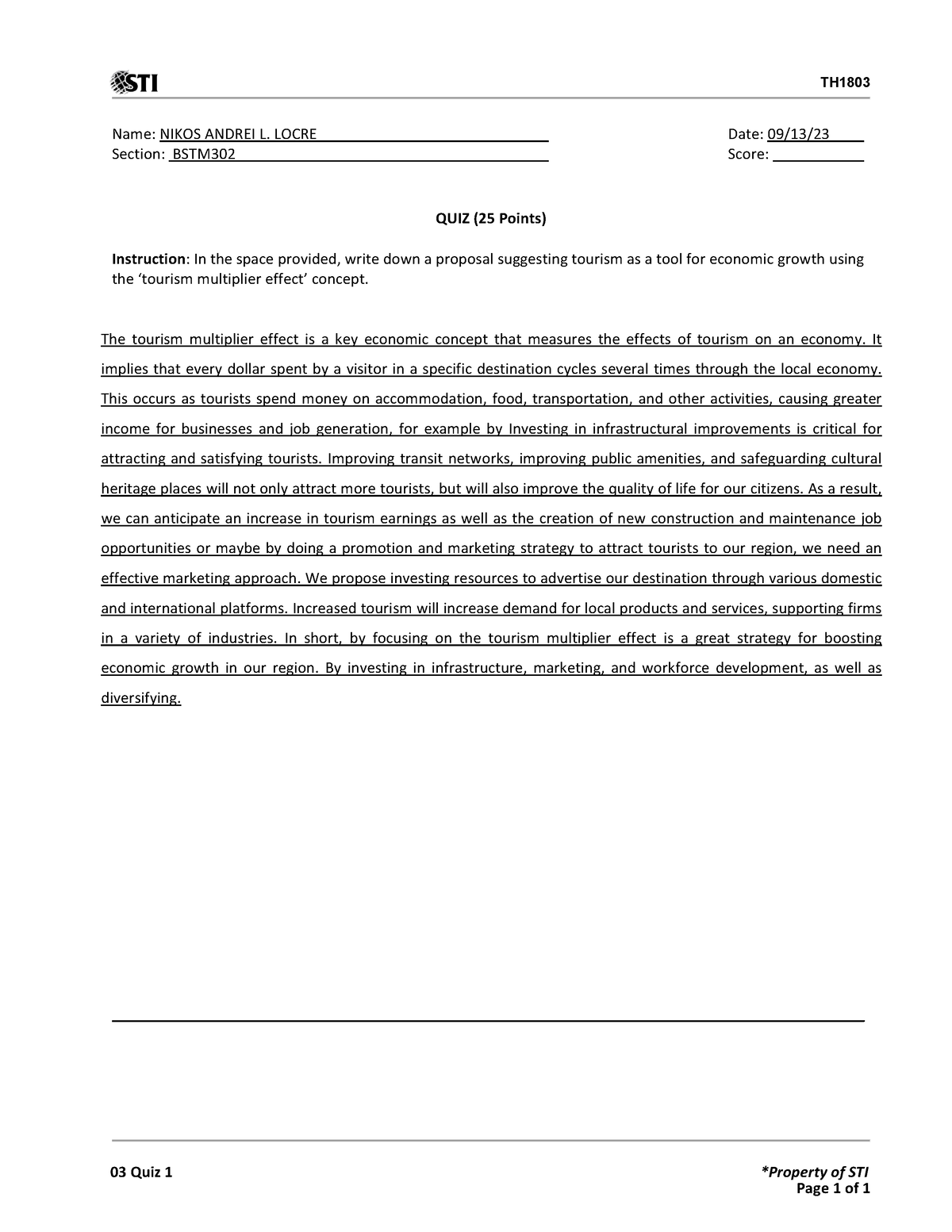 03 Quiz 1 Sus - Quiz - TH Name: NIKOS ANDREI L. LOCRE Section: BSTM ...