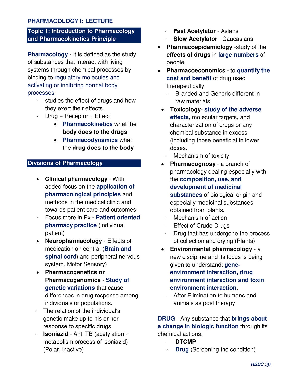 Pharmacology I Lecture Prelims - PHARMACOLOGY I; LECTURE HBDC ...