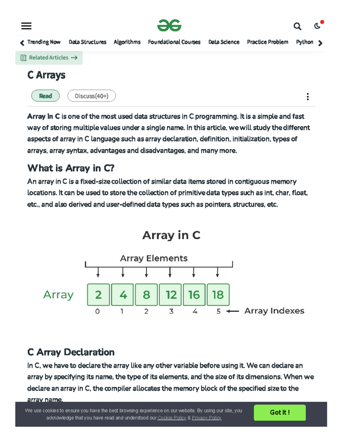 Array - GOOD - Read Discuss(40+) Array in C is one of the most used ...