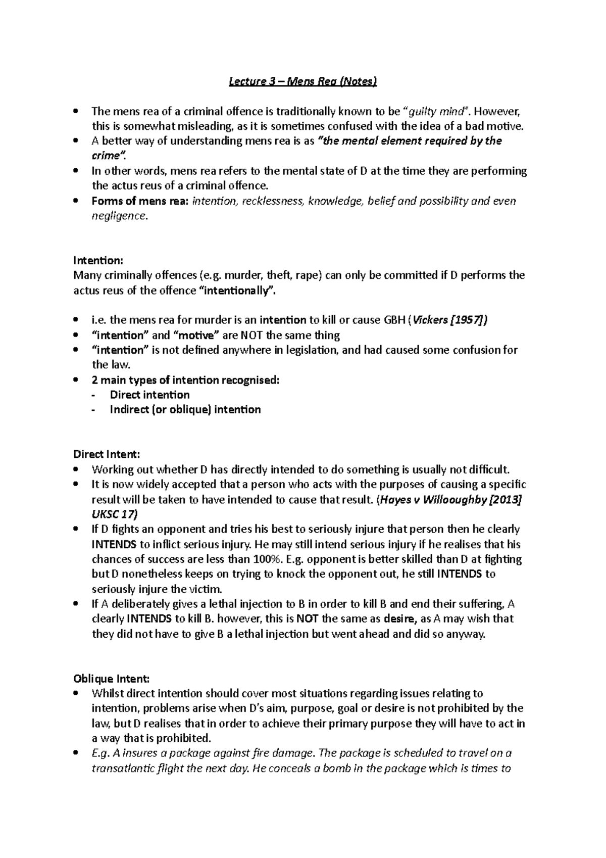 Lecture 3 (Notes) - Lecture 3 – Mens Rea (Notes) The mens rea of a ...