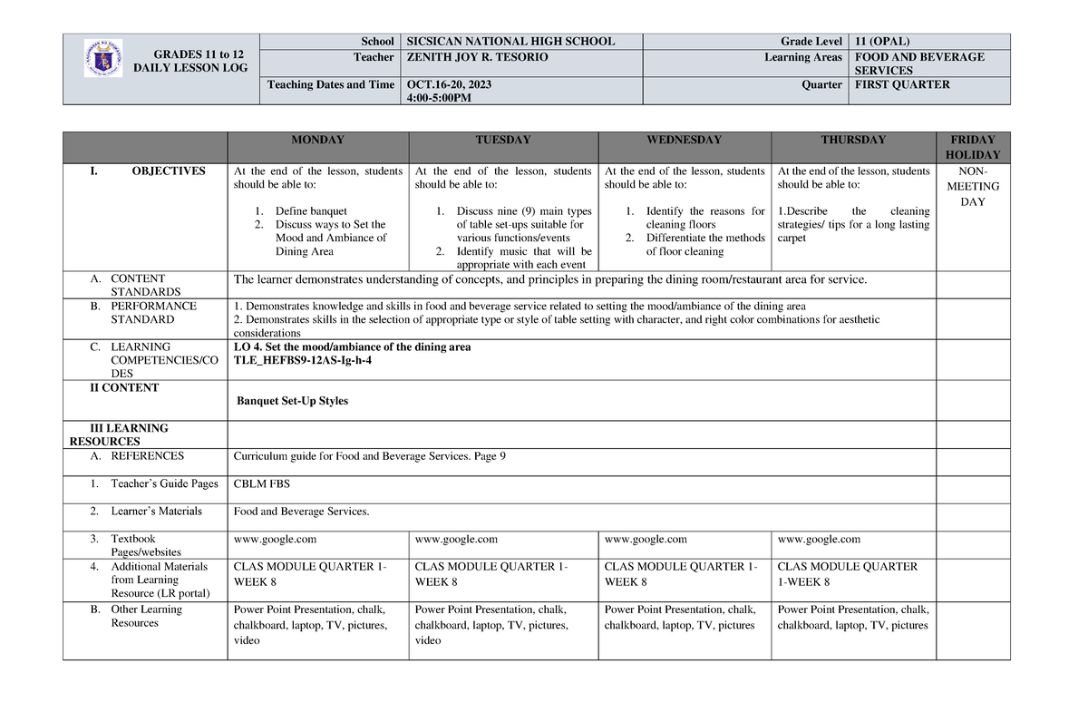 8TH WEEK DLL OCT 16-20 - FBS DLL WEEK 8 - GRADES 11 To 12 DAILY LESSON ...