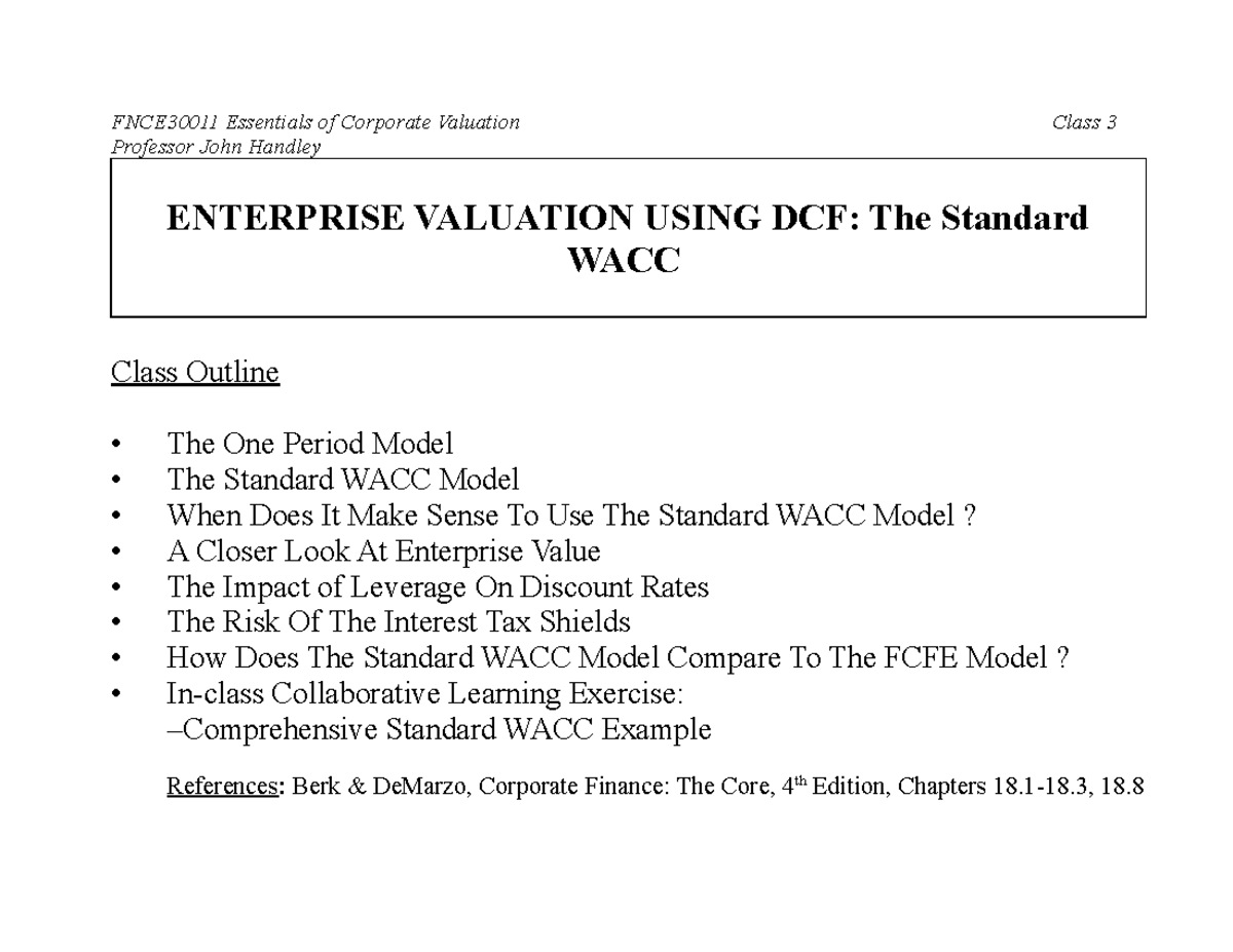 330011 Standard WACC Slides S121 Notes FNCE30011 Essentials of