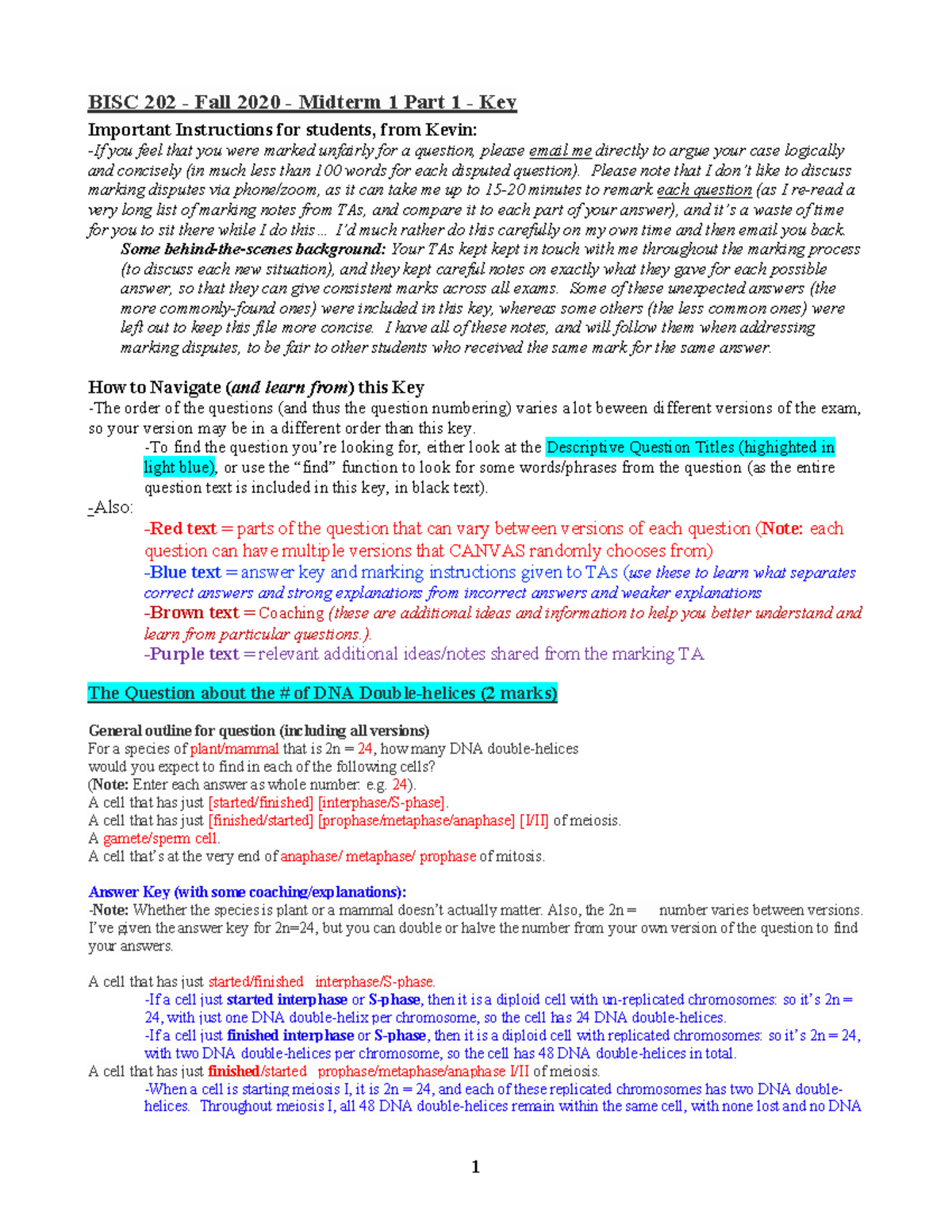 Fall 2020 Midterm 1 Part 1 - Key for the fall - BISC 202 - Fall 2020 ...