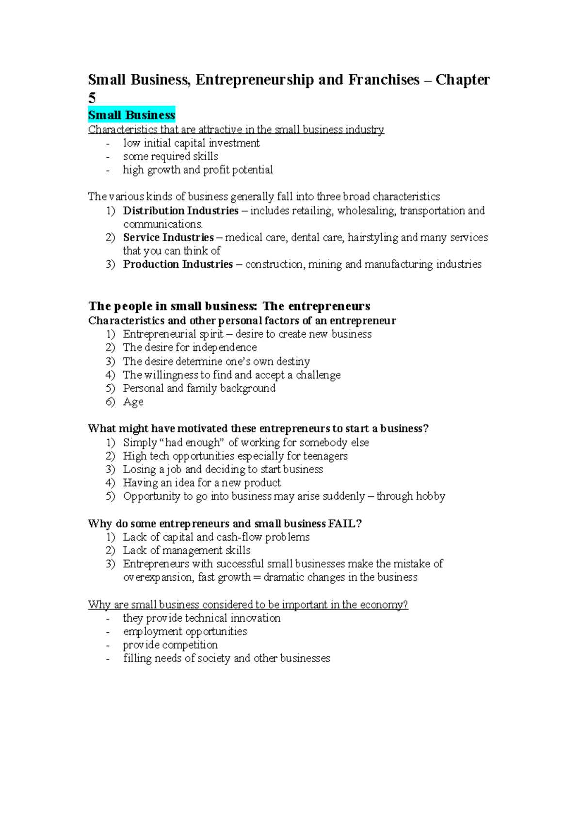 Bus man 113 chapter summarised from notes - Small Business ...
