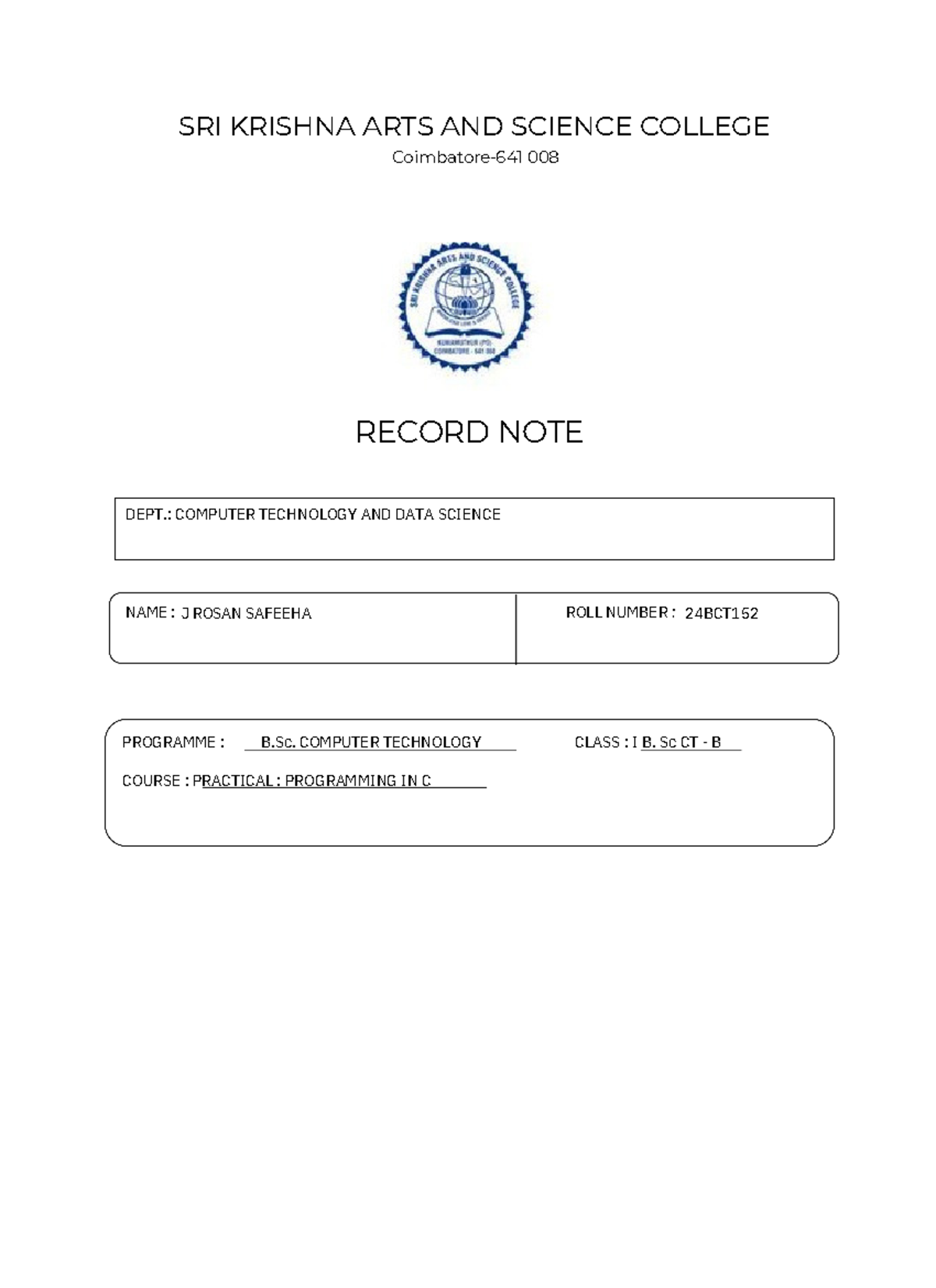 C program record - please refer this notes - SRI KRISHNA ARTS AND ...