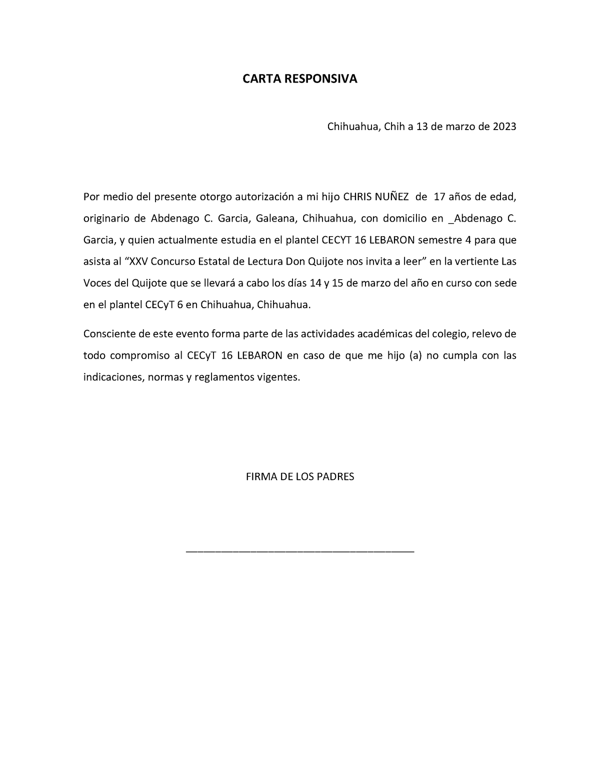 Carta Responsiva Carta Responsiva Chihuahua Chih A 13 De Marzo De 2023 Por Medio Del Presente 1654