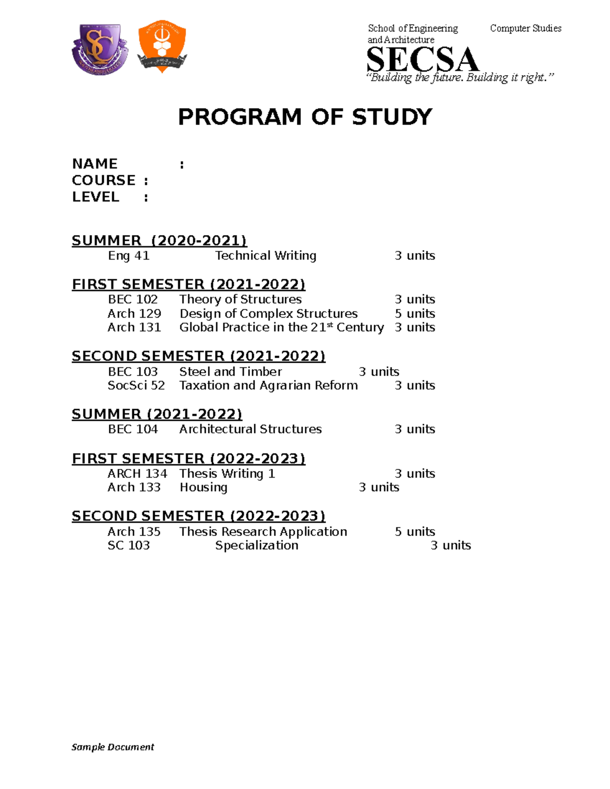 Sample Program of Study - SECSA “Building the future. Building it right ...