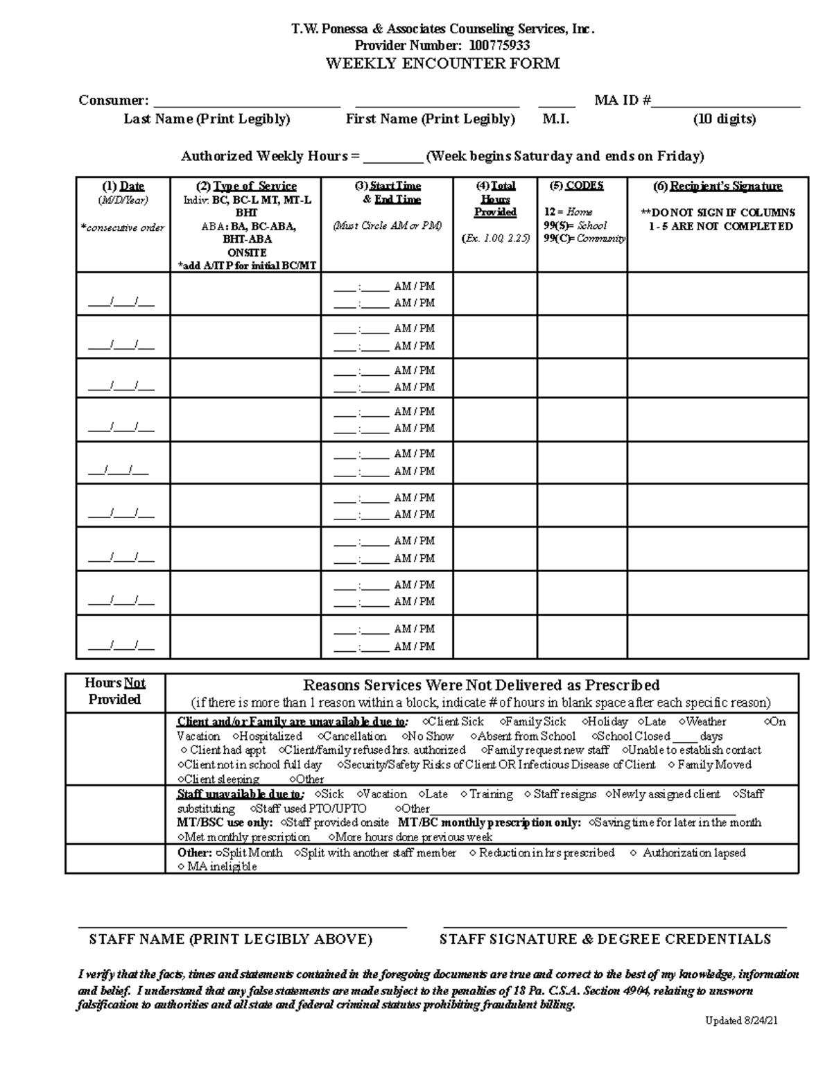 Encounter Form Template - T. Ponessa & Associates Counseling Services ...