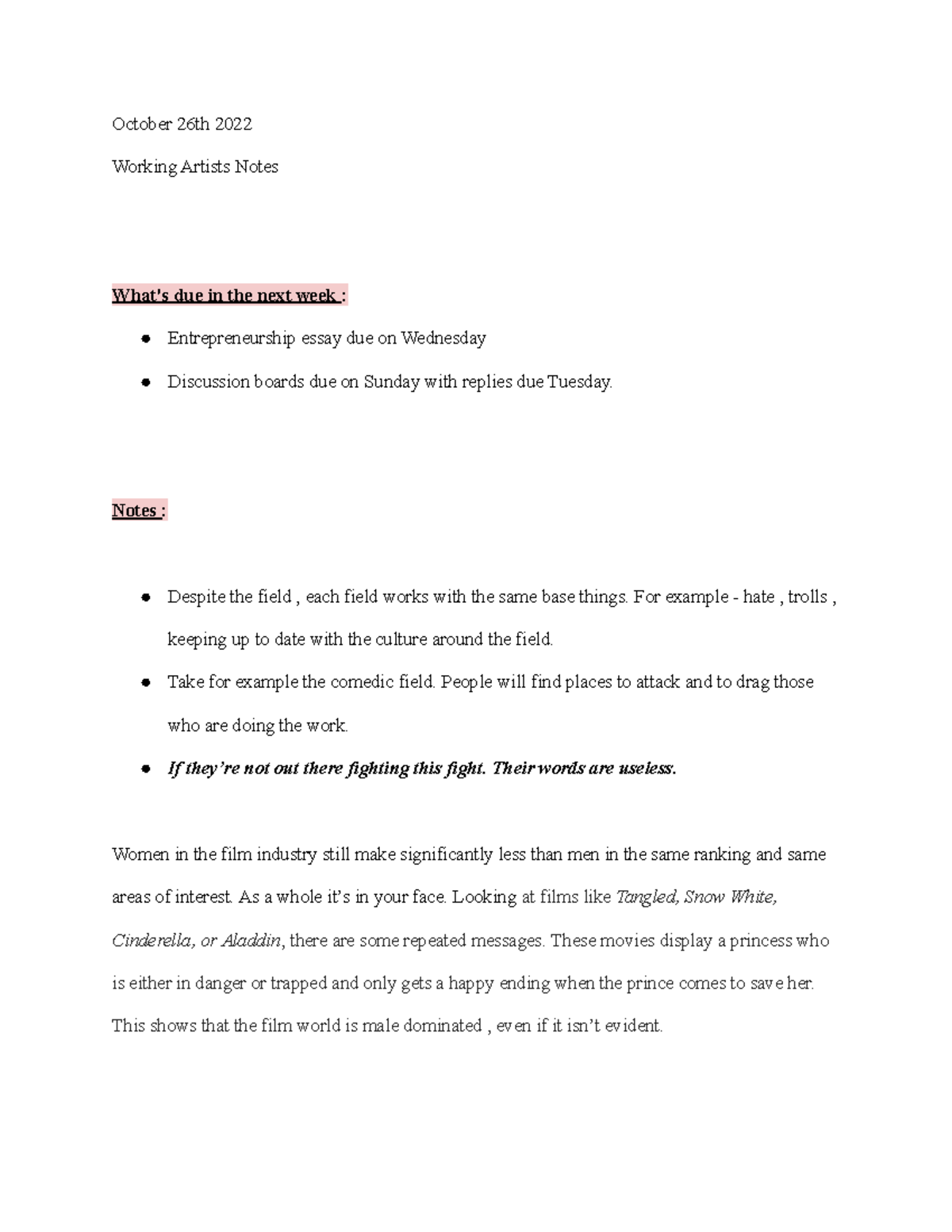 Notes set 12 - October 26th 2022 Working Artists Notes What's due in ...