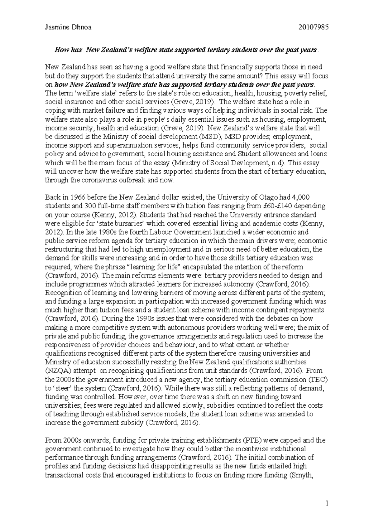 SOSC583 Essay - about New Zealand’s welfare state supporting tertiary ...