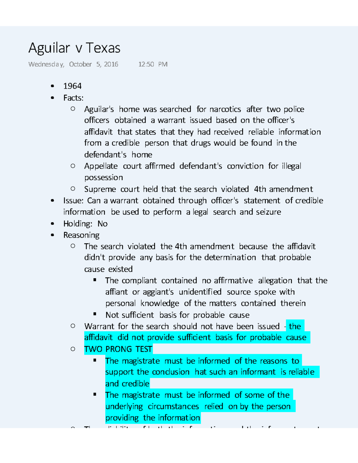 Aguilar v Texas Summary Criminal Procedure Investigating Crime