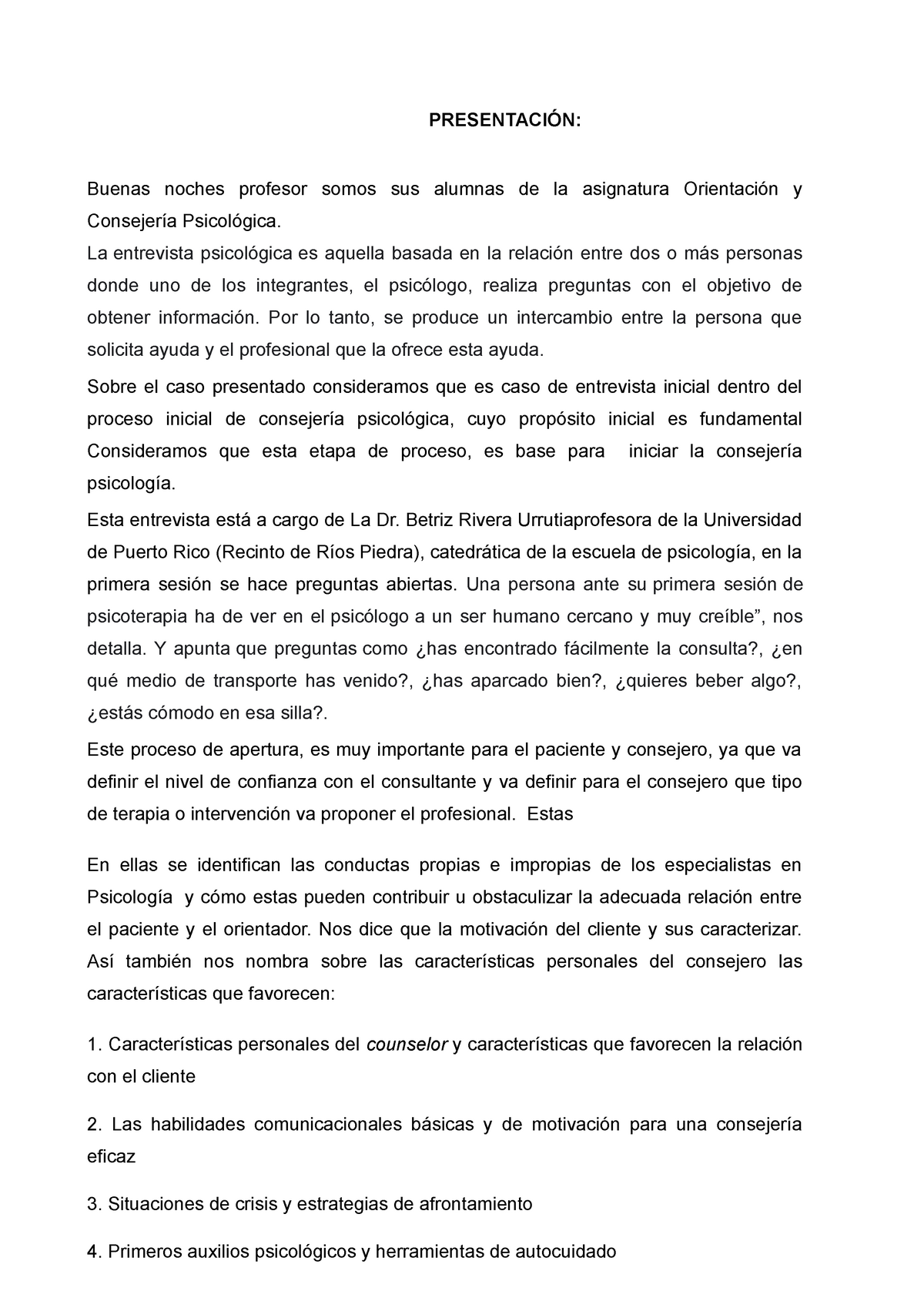 Orientación y Consejería Psicologica - La entrevista psicológica es aquella  basada en la relación - Studocu