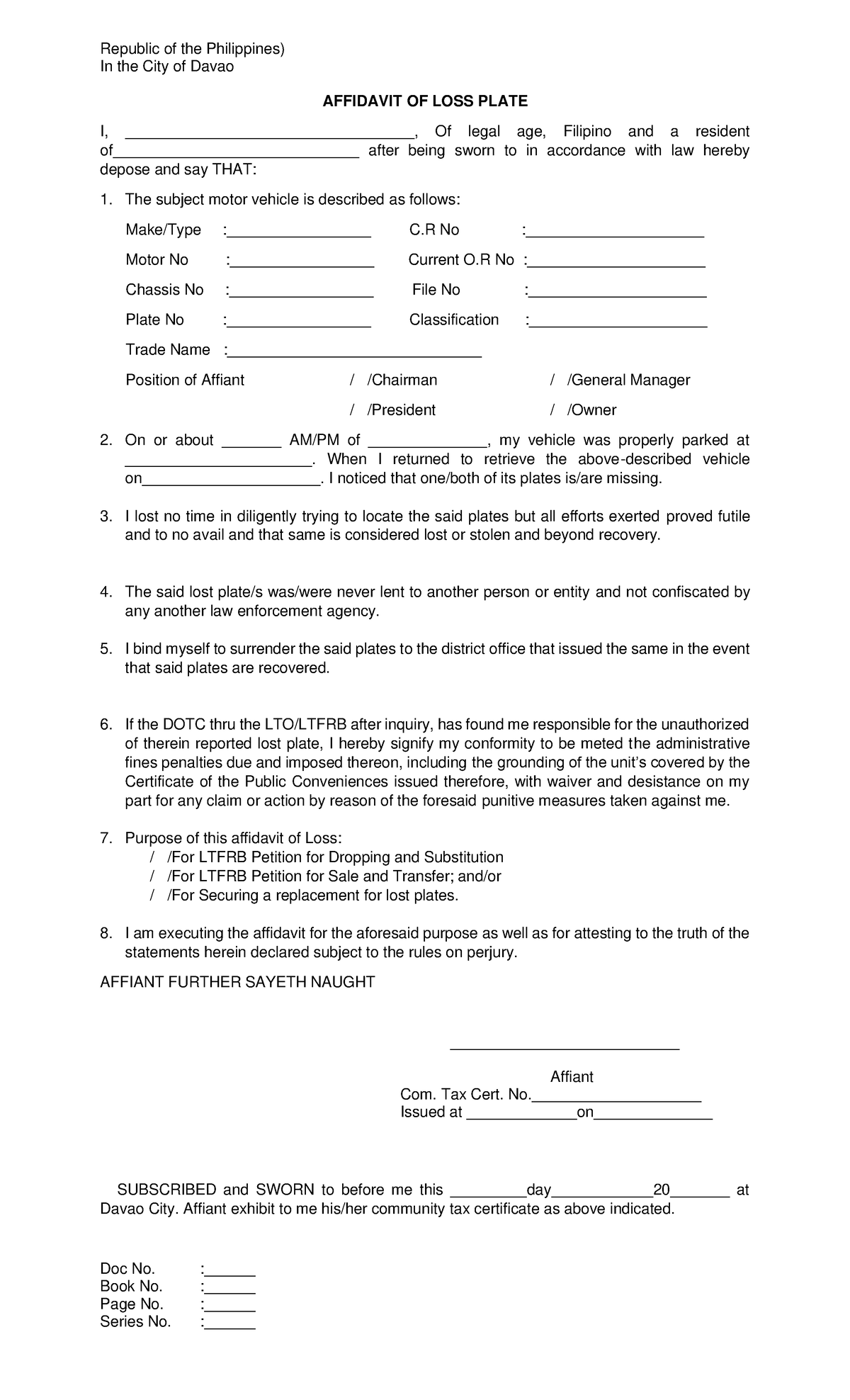 Affidavit OF LOSS Plate - Republic of the Philippines) In the City of ...