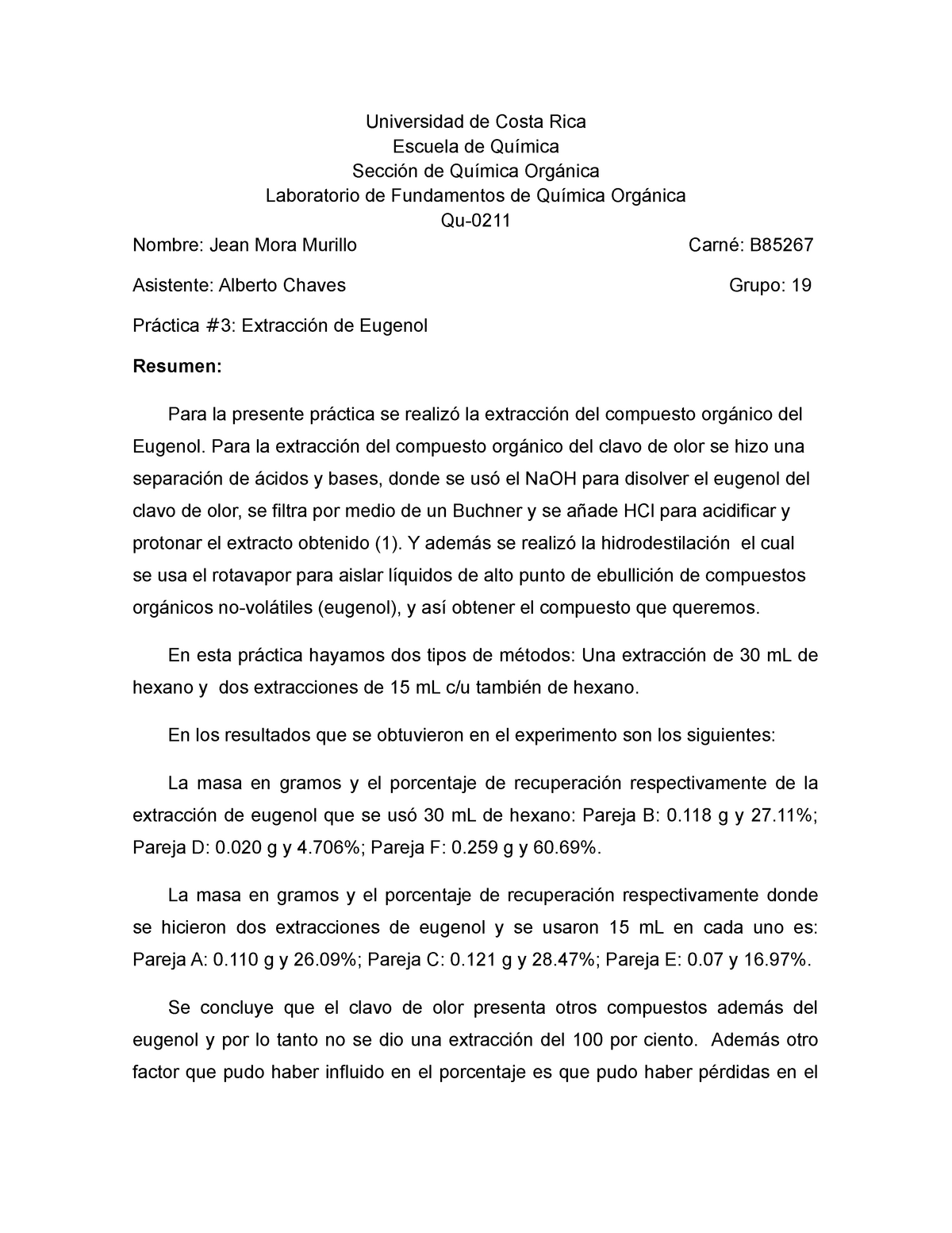 Reporte Practica 3 - Extracción de Eugenol - Universidad de Costa Rica ...
