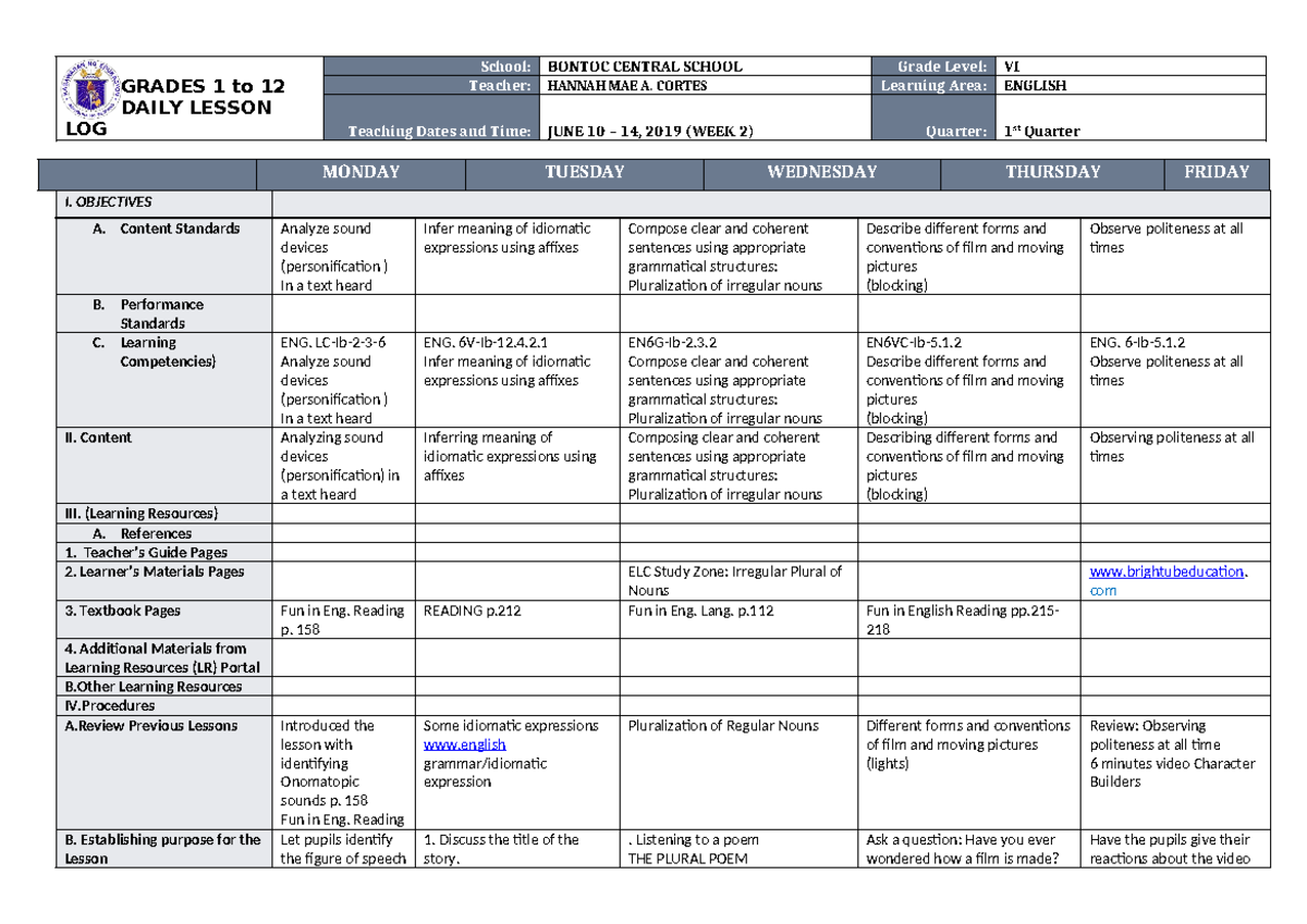 DLL English 6 Q1 W2 - Daily Lesson Log - GRADES 1 to 12 DAILY LESSON ...