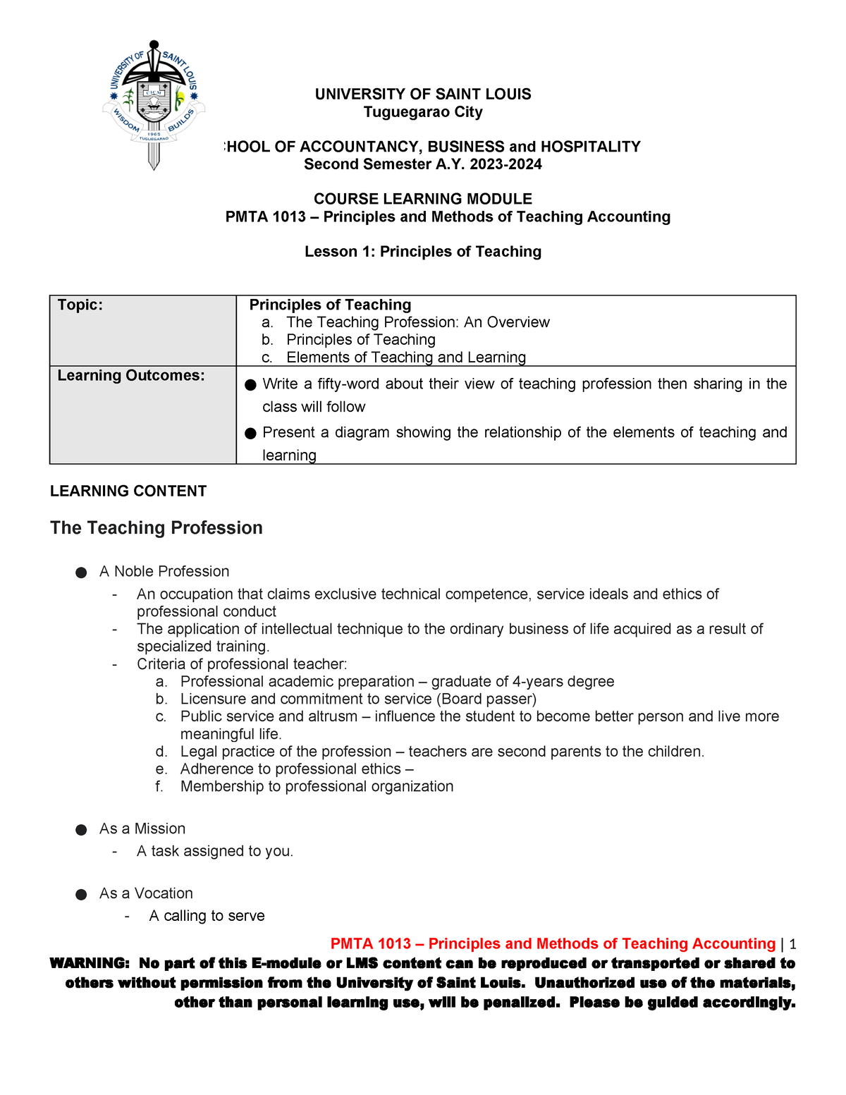 Lesson 1 Principles of Teaching - UNIVERSITY OF SAINT LOUIS Tuguegarao ...