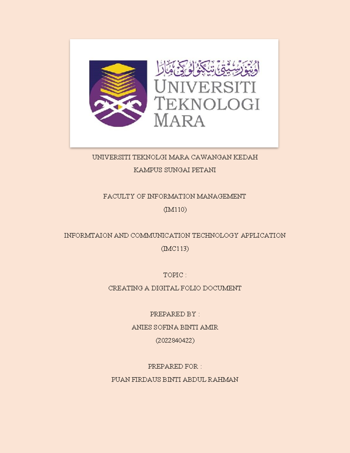 IMC113 WORD ASSINGMENT - UNIVERSITI TEKNOLGI MARA CAWANGAN KEDAH KAMPUS ...