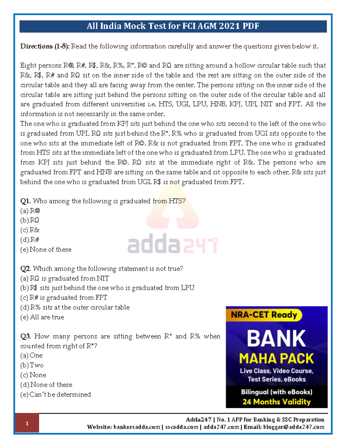 Formatted All India Mock Test for FCI AGM 2021 PDF - 1 Adda247 | No. 1 ...