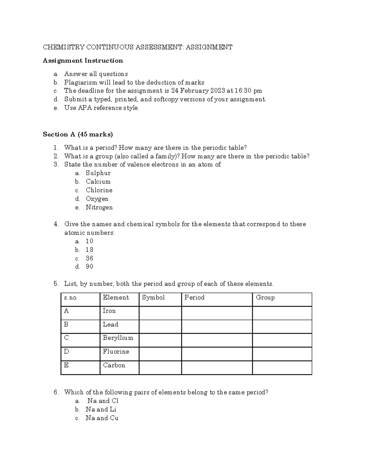 Chemistry Assignment Feb - CHEMISTRY CONTINUOUS ASSESSMENT: ASSIGNMENT ...