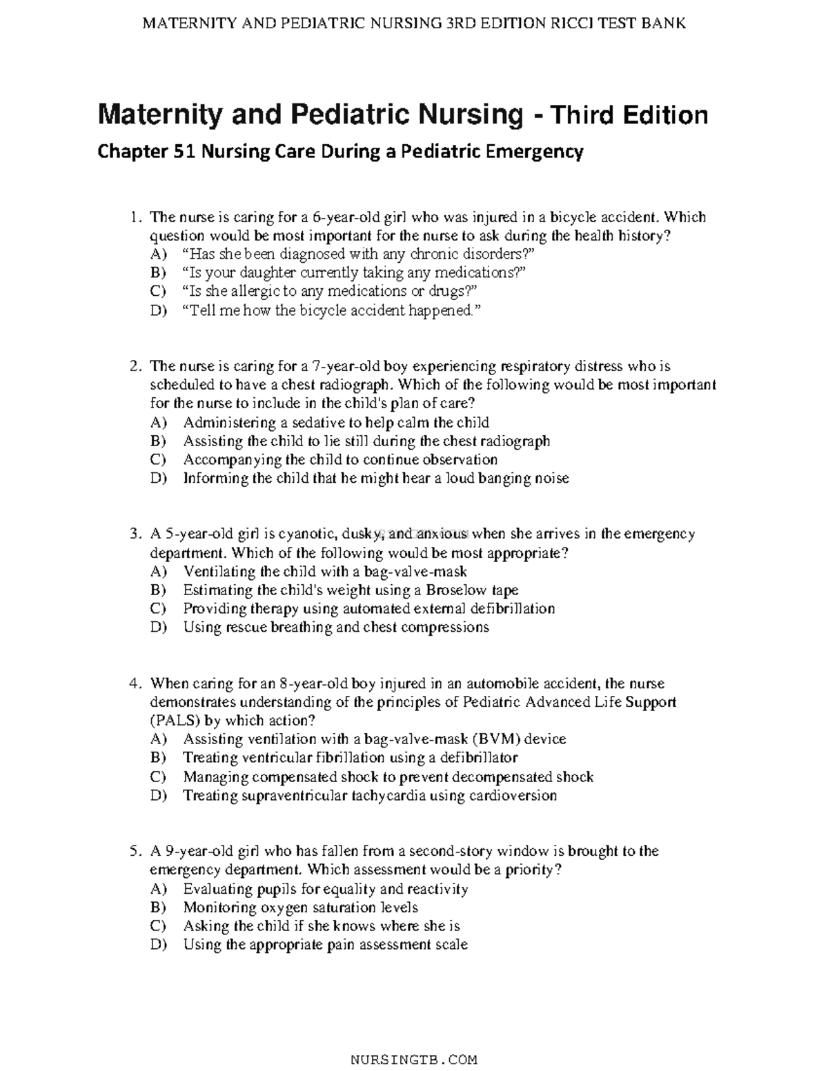 Chapter 51 Practice questions NURSINGTB Maternity and Pediatric