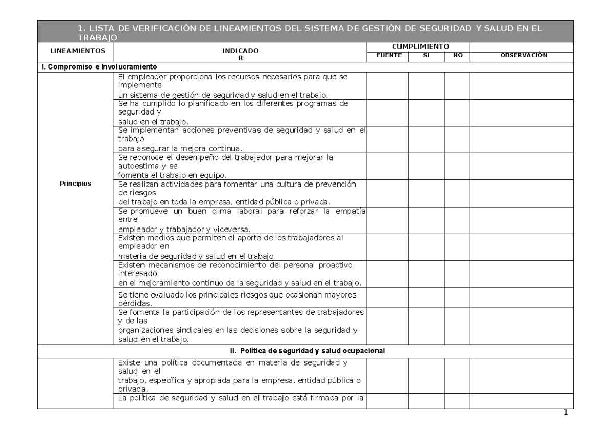 Lista De Verificación Del Sgsst 1 Lista De VerificaciÓn De